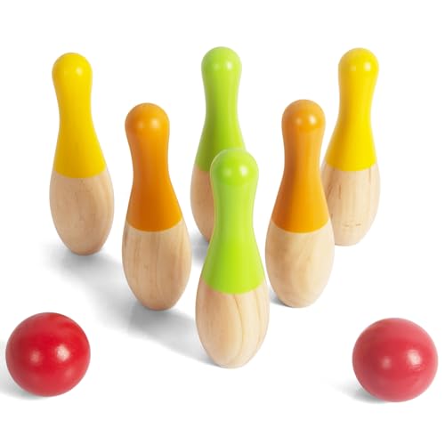 WOODENFUN Kinder Bowling Spiel Set aus Holz mit 6 Kegel und 2 Bälle Indoor und Outdoor Kinderspiele Kegelspiel aus Holz 3-Jahre alt Holz Spielzeug von WOODENFUN