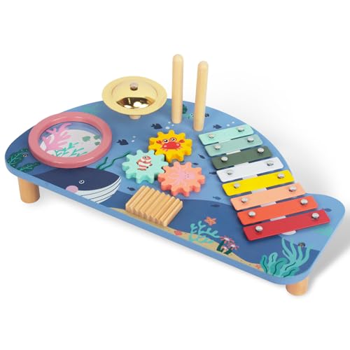 WOODENFUN Kinder Xylophon Set Musikspielzeug Kinderspielzeug Kinder Trommel Set Holz Montessori Spielzeug Ozeanmuster Musiktisch Holz Baby 3 Jahr von WOODENFUN