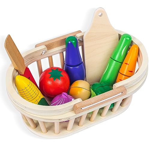 WOODENFUN Küchenspielzeug für Kinder aus Holz, Gefälschte Rollenspiele, Gemüseschnitt, Obst- und Gemüsespielzeug aus Holz mit Klettverschluss, Kinderspielzeug für Vorschulerziehung von WOODENFUN