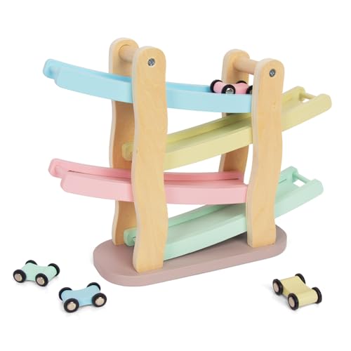 WOODENFUN Kugelbahn Autos Holz Rampe Auto Rennbahn Holzautospielzeug für kleine Kinder Rennspielzeug Geschenk ab 1 2 3 4 von WOODENFUN