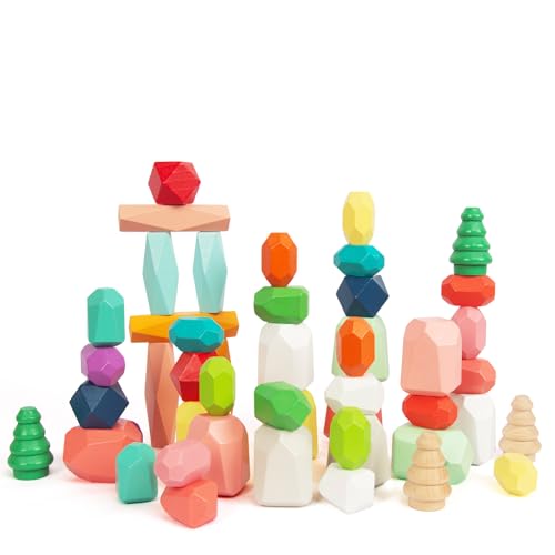 WOODENFUN Montessori Holz Spielzeug 48pcs Bunte Stapelsteine für Kinder Balance Steine Spiel Blöcke Geeignet für Erwachsene und Kinder 3 Jahr+ von WOODENFUN