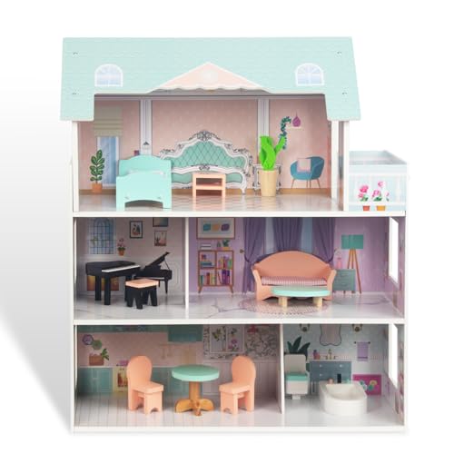 WOODENFUN Puppenhaus Möbelset Dekorieren Sie ein Spielzeughaus aus Holz 12 Stück Puppenhaus Möbel Holz Set 3-stöckiges Miniatur Haus für Kinder Traumhaus Puppenvilla von WOODENFUN