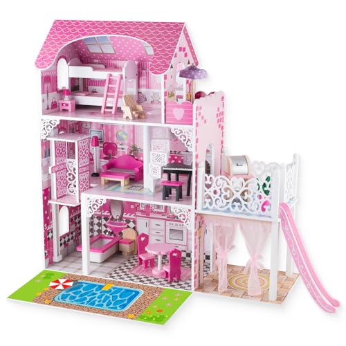 WOODENFUN Puppenhaus Möbelset Dekorieren Sie ein Spielzeughaus aus Holz 18 Stück Puppenhaus Möbel Holz Set 3-stöckiges Miniatur Haus für Kinder Traumhaus Pink von WOODENFUN