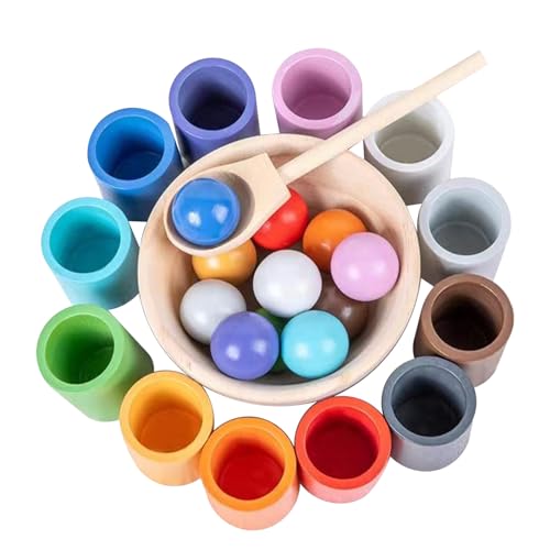 WOODENFUN Regenbogen-Bälle in Tassen, Montessori-Spielzeug für Kleinkinder, für 1 Jahr, Vorschule, Holzspiele zum Lernen, Farbsortieren und Zählen von WOODENFUN