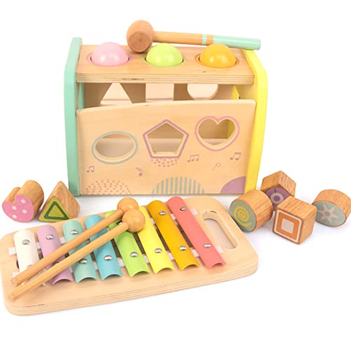 WOODENFUN Xylophon und Hammerspiel Spielzeug ab 1 Jahr, 3 in 1 Montessori Pädagogisches Vorschullernen Musikspielzeug Holzspielzeug ab 1 Jahr Lernspielzeug Motorikspielzeug Geschenk 2 3 4 5 6 Jahre von WOODENFUN