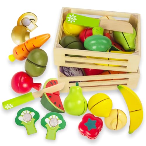 Woodenfun Kinder Küche Schneiden Spielzeug Set, Holz Spiel Lebensmittel Küche Schneiden Obst und Gemüse, 2 Boxen gefälschte Lebensmittel, Kinder Bildung Spielzeug (Obst und Gemüse 2pcs) von WOODENFUN