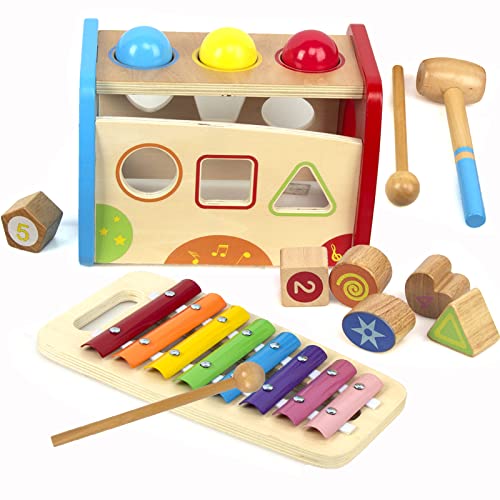 Xylophon und Hammerspiel Spielzeug ab 1 Jahr, 3 in 1 Montessori Pädagogisches Vorschullernen Musikspielzeug Holzspielzeug ab 1 Jahr Lernspielzeug Motorikspielzeug Geschenk 2 3 4 5 6 Jahre (Blau) von WOODENFUN