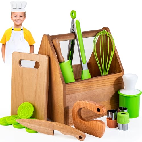 WOODMAM Kinderküche Zubehör,Holzspielzeug Montessori mit Kochmütze, Schürze, Kindersicherheitsmesser, Formen usw, Kinder imitieren Spielzeug Küchenanzug Weihnachten Geschenk für Kinder ab 3 Jahren von WOODMAM