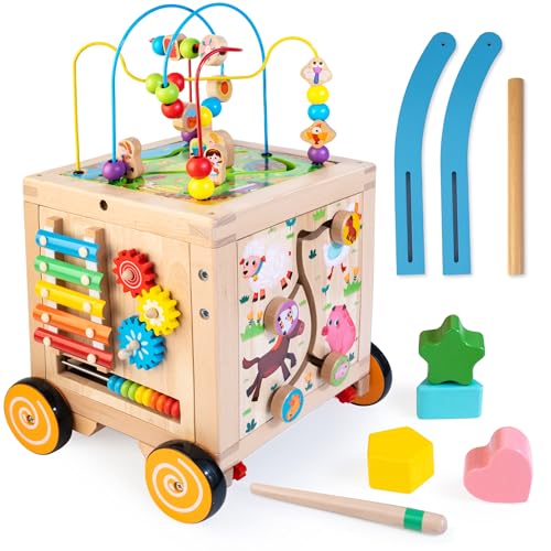 WOODMAM Lauflernhilfe Aktivitätswürfel aus Holz, Motorikwürfel Lauflernwagen für Kleinkinder ab 1 Jahr, 9-in-1 Montessori Lernspielzeug Baby Walker, Geschenk für Mädchen Jungen ab 12M+ von WOODMAM