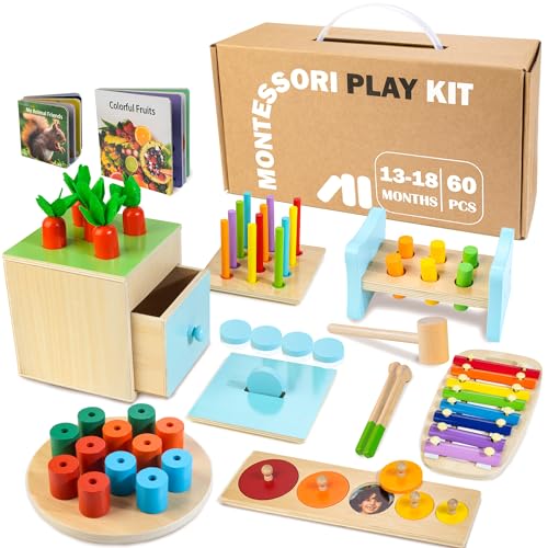 WOODMAM Montessori-Holzspielzeug ab 1 Jahr, 9 in 1 Lernspielzeug für Kleinkinder mit Lernbox, Xylophon, Pfundbank, Formpuzzle usw, Babyspielzeug Geschenk für 12-18 Monate von WOODMAM