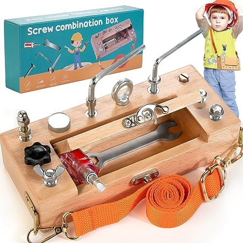 WOODMAM Montessori Spielzeug Schraubendreher Brett Set aus Holz, Feinmotorik Spielzeug für 3+ Jahre alte Kinder, Mint Educational Sensory Vorschul-Lernspielzeug Aufbewahrungsbox & Gurt zu Reisen von WOODMAM