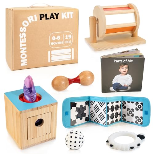 WOODMAM Montessori Spielzeug für Babys 0-6 Monate, 8 in 1 Lernpädagogisches sensorisches Spielzeug für Neugeborene 0-3-6 Monate, enthält Taschentuchbox, Spinntrommel, Beißring usw von WOODMAM