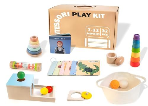 WOODMAM Montessori Spielzeug für Babys ab 12 Monate, 9 in 1 pädagogisches Holzspielzeug Set, enthält Objekt Permanence Box, Regenmacher, Schatzkorb, Stapeltassen, Spiegel Puzzle usw. von WOODMAM