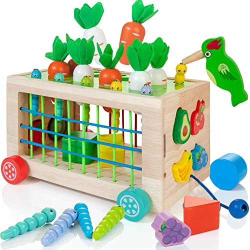 WOODMAM Montessori Spielzeug ab 1 Jahr, 6-in-1 Sortieren & Stapeln Aktivität Würfel Wagen mit Bändern, Karottenernte & Obst Match, Lernspielzeug Geschenk für Jungen Mädchen 1-3 Jahre älter von WOODMAM