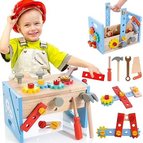 Woodman Werkzeugkoffer Kinder, Montessori Spielzeug ab 3 4 5 Jahre, Spielwerkzeug aus Holz Werkzeugkasten Set, Geschenke für Jungen Mädchen ab 3 Jahren alt von WOODMAM