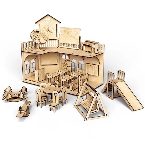 Umweltfreundliches Holzset - Puppenschule von WOODPY, Idee DIY, Baumodell aus Birkensperrholz, für Kinder ab 5 Jahren, fördert Feinmotorik, Lernen und Kreativität, kann bemalt werden, 197 Teile von WOODPY