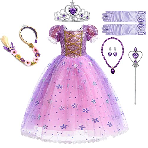 WOOLUCK® Prinzessin kostüm mädchen mit 6 Zubehör, Tüllkleid Prinzessin kleid mädchen,Weihnachten Halloween Verkleidung Fasching Karneval Cosplay Geburtstag Partykleid (110) von WOOLUCK