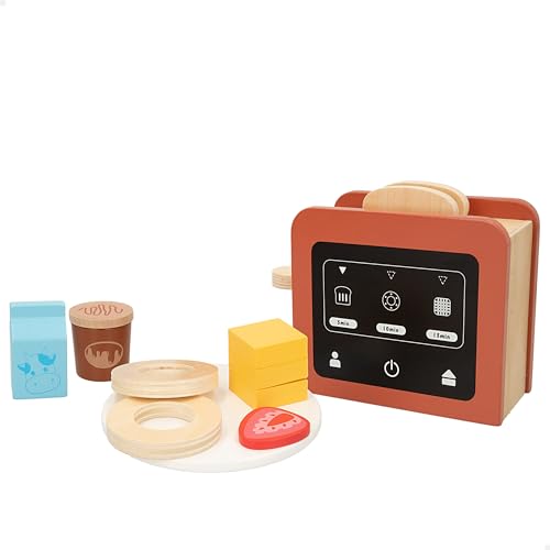 WOOMAX, 47598 Toaster aus Holz, 9 Zubehörteile, Küchenzubehör, Lernspielzeug, Spielzeug für Kinder 2 Jahre, Geburtstagsgeschenke für Kinder von WOOMAX