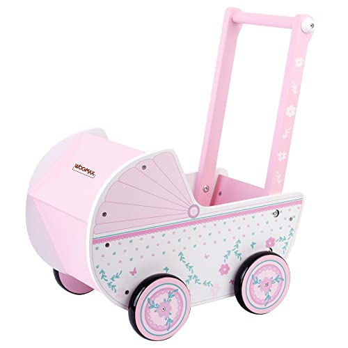 WOOMAX Holz, 26,5 x 39 x 46 cm, rosa und weiß, mit Rollen, für Puppen von 30-40, Kinderwagen für Babys Spielzeug 3 Jahre, Puppenwagen (46475), Kariert, 26.53946 cm von WOOMAX