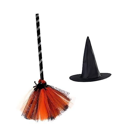 WOONEKY 1 Satz Zauberhut Besen Gastgeschenke Für Zauberer Halloween-hexenhut Kinderbesen Halloween-hüte Rollenspielkostüm Zubehör Für Partykostüme Dekorative Hutbesenstütze Gittergewebe von WOONEKY