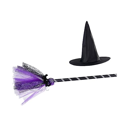 WOONEKY 1 Satz Zauberhut Besen Hexenzubehör Kinder-Outfits Rollenspielspielzeug Für Halloween-Cosplay Verkleiden Sich Kleiner Hexenhut Outfit Für Mädchen Cosplay-Outfits Stoff Violett von WOONEKY