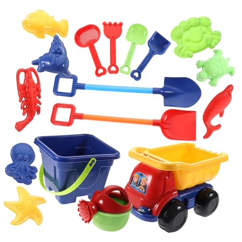 WOONEKY 17 Teiliges Strandspielzeug Set Lustige Sand Excavating Werkzeuge Für Bunte Sandspielzeuge Mit Großen Schaufeln Und Einem Vierrädrigen Wagen Ideal Für Den Strand Und von WOONEKY