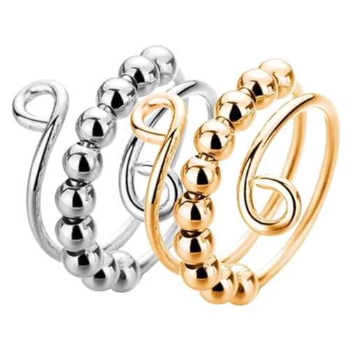 WOONEKY 2st Stressabbauring Dekorativer Fingerring Exquisiter Stressring Verstellbarer Offener Ring Exquisiter Angstring Zappelring Mit Perlen Kreisperlenring Kleiner Zappelring Metall von WOONEKY