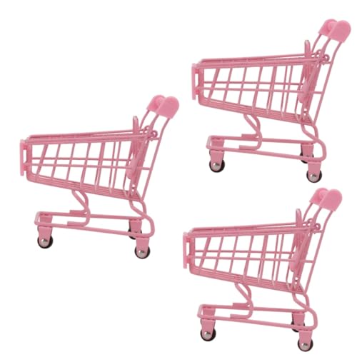 WOONEKY 3 STK Trolley Desktop-müllwagen Einkaufswagen Spielen Supermarkt-handkarren-Spielzeug Kleiner Wagen Puppenhaus-einkaufswagen Müllwagen Spielzeug Miniatur Aufbewahrungswagen Rosa von WOONEKY