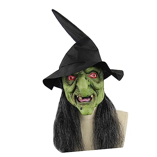 WOONEKY Halloween Horrormaske Gruselige Hexenmaske Mit Grünem Kopf Und Grauen Haaren Für Kostümparty Cosplay Halloween Feier Und Schaurige Verkleidungen von WOONEKY