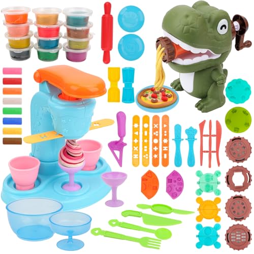 WOOWAIR 58 Stück Knete Set für Kinder, DIY Knete Eismaschine Set Dinosaurier Knete Set Knete Zubehör mit 12 Dosen Knete, Kinderknete-Küchenkreationen-Spielzeug Geschenk für Mädchen Junge ab 3 Jahre von WOOWAIR