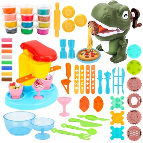 WOOWAIR 58 Stück Knete Set für Kinder, DIY Knete Eismaschine Set Dinosaurier Knete Set Knete Zubehör mit 12 Dosen Knete, Kinderknete-Küchenkreationen-Spielzeug Geschenk für Mädchen Junge ab 3 Jahre von WOOWAIR