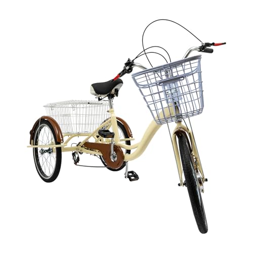 20" Dreirad für Erwachsene, 3-Rad 6-Gang Dreirad Fahrrad Tricycle mit 2 Shopping Korb - Vorderen und Hinteren Trommelbremsen, Senioren Dreirad für Erholung, Einkaufen, Picknicks - Bis 100kg (Gelb) von WOQLIBE