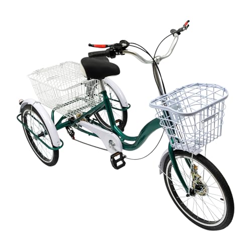 20" Dreirad für Erwachsene, 3-Rad 6-Gang Dreirad Fahrrad Tricycle mit 2 Shopping Korb - Vorderen und Hinteren Trommelbremsen, Senioren Dreirad für Erholung, Einkaufen, Picknicks - Bis 100kg (Grün) von WOQLIBE