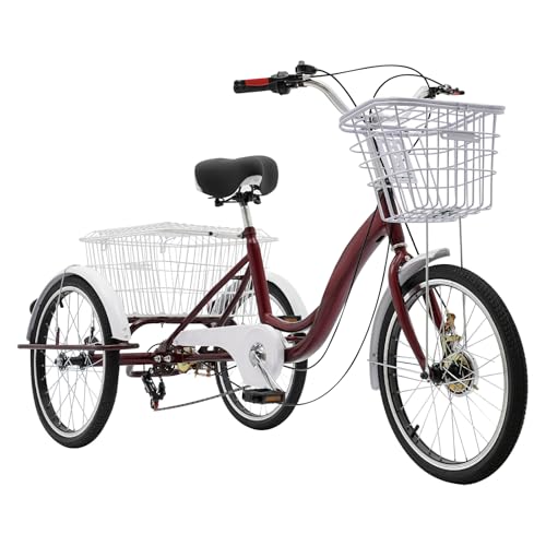 20" Dreirad für Erwachsene, 3-Rad 6-Gang Dreirad Fahrrad Tricycle mit 2 Shopping Korb - Vorderen und Hinteren Trommelbremsen, Senioren Dreirad für Erholung, Einkaufen, Picknicks - Bis 100kg (Rot) von WOQLIBE