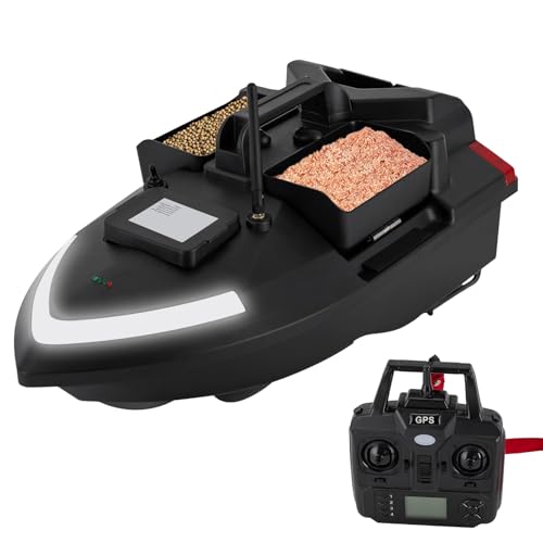 WOQLIBE GPS Futterboot, 500M Köderboot mit Fernsteuerung/Suchscheinwerfer/Ladegerät unb 12000mAh Lithium-Batterie - Tragfähigkeit 2 kg, Fischköder Boot für Angler (Schwarz) von WOQLIBE