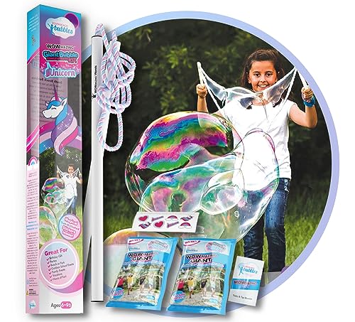 WOWMAZING Seifenblasen Groß Einhorn-Set - Inkl. Seifenblasen Stab 2 Nachfüllpacks & 8 Sonnenaktivierte Aufkleber - Riesen Seifenblasen Kinder - Seifenblasen Set Aktivitäten im Sommer von WOWMAZING