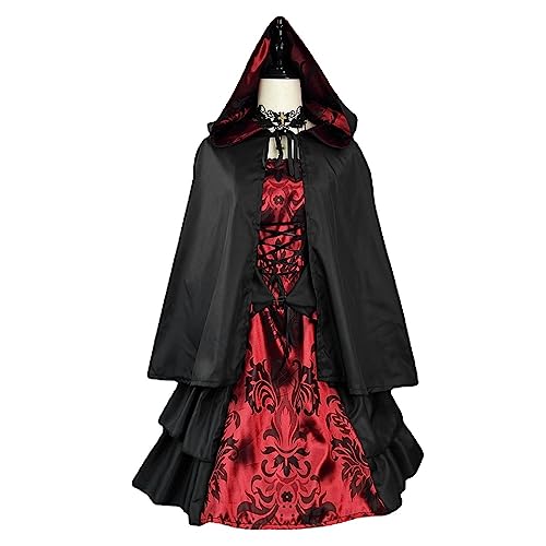 Damen Gothic Kleid Sale Mittelalter Kostüme mit Cape und Halsband 3-teilig Cape mit Kapuze Trompetenärmel Renaissance Retro Kleider Steampunk Kleidung Halloween Kostüm Mittelalterkleid für Frauen von WOXIHUAN