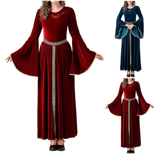 Renaissance Mittelalter Kleid Sale Damen mit Trompetenärmel Frauen Halloween Gothic Kleider und Gürtel 2-teilig Cosplay Kostüm Lang Kleider Prinzessinnen Ballkleid für Karneval Faschingskostüme von WOXIHUAN