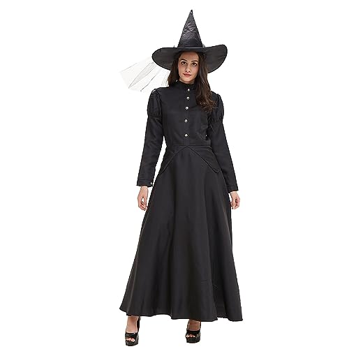 WOXIHUAN Halloween Kostüm Sale Damen Hexenkleid Hexenhut 2-teilig Mittelalter Kleidung mit Knopfleiste Renaissance Partykleid Gothic Kleider Vintage Schwarz Hexenkleid Vampir Verbandkleid für Cosplay von WOXIHUAN