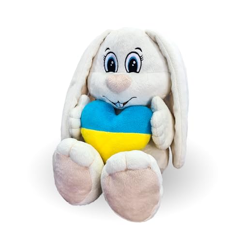 WP Merchandise - Weißer Hasenschatz hält ukrainisches Herz weiches Plüschtier, 42 cm (Stofftierspielzeuge | Geschenke für Kinder | Für alle Altersgruppen) von WP Merchandise