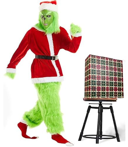 WPOZD Deluxe-Weihnachts-Kostüm, grünes Monster-Kostüm für Erwachsene, pelziger Weihnachtsmann-Anzug, grünes Outfit für Erwachsene, Größe L, XL, 7-teilig von WPOZD