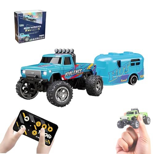 WQTHU Mini-RC-Monstertruck,ferngesteuertes Monstertruck-Auto im Maßstab 1:64 mit Lichtern,Ferngesteuerter Monstertruck mit 2,4 GHz,Alu-RC-Sattelschlepper mit Anhänger,wiederaufladbar über USB (A) von WQTHU