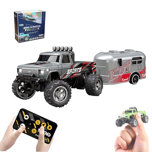 WQTHU Mini-RC-Monstertruck,ferngesteuertes Monstertruck-Auto im Maßstab 1:64 mit Lichtern,Ferngesteuerter Monstertruck mit 2,4 GHz,Alu-RC-Sattelschlepper mit Anhänger,wiederaufladbar über USB (B) von WQTHU