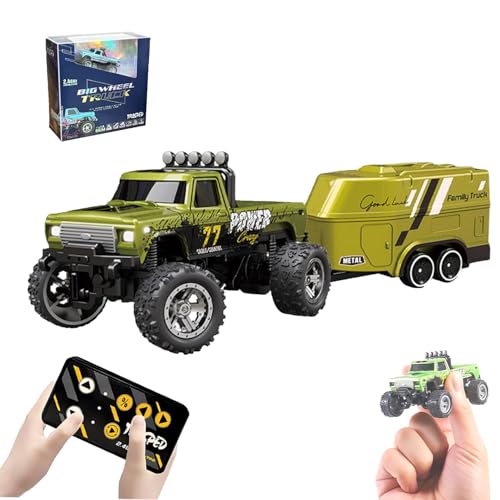 WQTHU Mini-RC-Monstertruck,ferngesteuertes Monstertruck-Auto im Maßstab 1:64 mit Lichtern,Ferngesteuerter Monstertruck mit 2,4 GHz,Alu-RC-Sattelschlepper mit Anhänger,wiederaufladbar über USB (C) von WQTHU