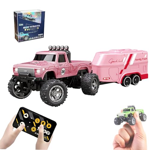 WQTHU Mini-RC-Monstertruck,ferngesteuertes Monstertruck-Auto im Maßstab 1:64 mit Lichtern,Ferngesteuerter Monstertruck mit 2,4 GHz,Alu-RC-Sattelschlepper mit Anhänger,wiederaufladbar über USB (D) von WQTHU