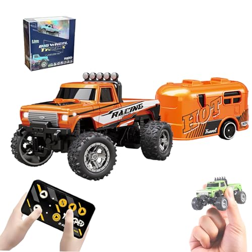 WQTHU Mini-RC-Monstertruck,ferngesteuertes Monstertruck-Auto im Maßstab 1:64 mit Lichtern,Ferngesteuerter Monstertruck mit 2,4 GHz,Alu-RC-Sattelschlepper mit Anhänger,wiederaufladbar über USB (E) von WQTHU