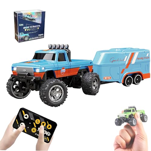 WQTHU Mini-RC-Monstertruck,ferngesteuertes Monstertruck-Auto im Maßstab 1:64 mit Lichtern,Ferngesteuerter Monstertruck mit 2,4 GHz,Alu-RC-Sattelschlepper mit Anhänger,wiederaufladbar über USB (F) von WQTHU