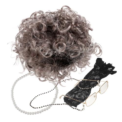 WRITWAA 1 Satz Oma Perücke Set Brillen Für Alte Damen Alte Damenperücke Grau Oma Kostüm Für Damen Alte Dame Kostüm Für Damen Graue Perücken Alte Dame Brillenkette Für Alte Damen Kunstfaser von WRITWAA