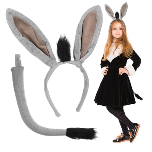 WRITWAA 1 Satz Passend Zum Esel-outfit Stirnband Aus Eselshorn Stirnband Für Zootiere Tier-cosplay-kostüm-requisiten Esel-kostüm-ohr Zootier-kostüm-stirnband Eselsschwanz Garn Grey von WRITWAA