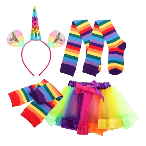 WRITWAA 4 Teiliges Regenbogen Tutu Kleid Set Für ädchen Mit Haarband Ellenbogenlange Handschuhe Und Socken Perfekt Für Kostümpartys Und Anlässe von WRITWAA